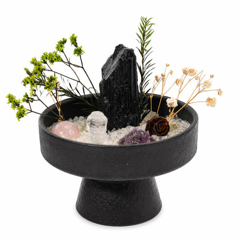 Tabletop crystal garden kit centerpiece in black bowl with assorted crystals and stems