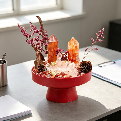Red pedestal crystal garden kit centerpiece with orange crystal towers and pink sprig stems