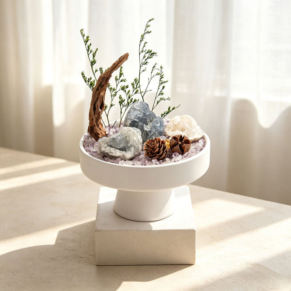 Pedestal geode decor kit bowl with blue crystal cluster, green pine sprigs, pinecones, acorn pieces