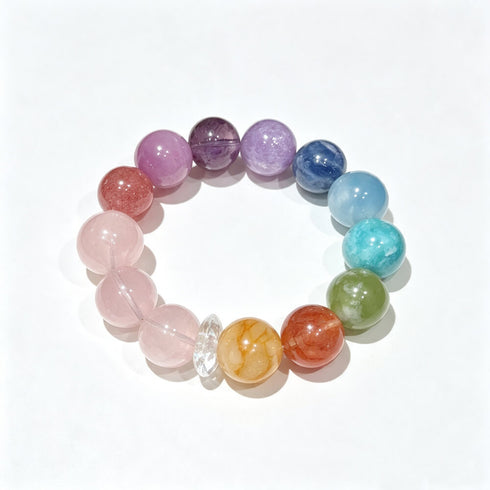Multi-color crystal bead bracelet with round lavender, blue, aqua, and coral stones