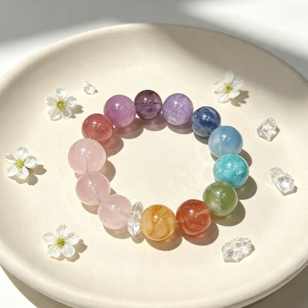 Multi-crystal bracelet with round pastel stones in lilac, pink, blue, green, and amber