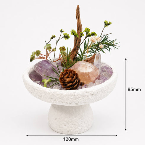 Natural crystal bonsai centerpiece: 120mm wide, 85mm tall, white pedestal with purple crystal
