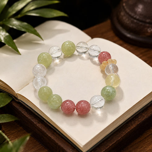 Natural crystal beaded bracelet, full circle view with green, clear, pink and yellow beads