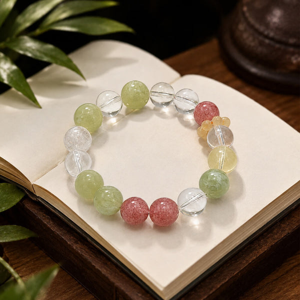 Natural crystal beaded bracelet, full circle view with green, clear, pink and yellow beads