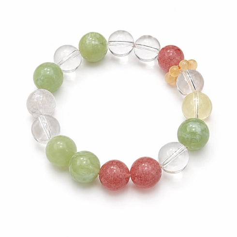 Natural crystal beaded bracelet with green, clear, pink round beads and yellow accent beads