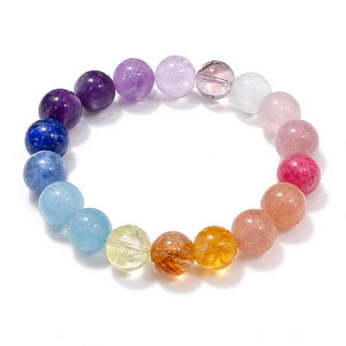 Rainbow crystal bead bracelet with round purple, pink, blue, amber, and clear stones