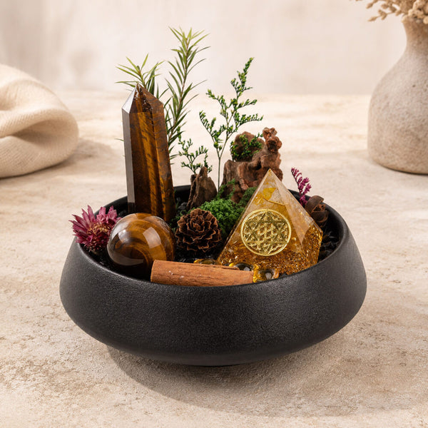 DIY crystal decor kit centerpiece in black bowl with tiger eye wand and citrine triangle