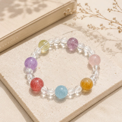 Multicolor crystal charm bracelet with clear beads and round pink, purple, blue, and yellow stones