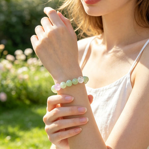 Crystal beaded bracelet with light green beads, pastel pink bead, and clear crystal accent
